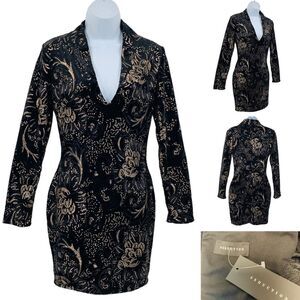 Seduction Black Velvet Gold Sequin Low Neckline Formal Dress